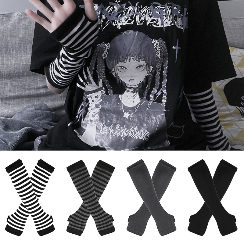 Fingerless Glove Knit - Kadınlar Uzun Kollu Gotik Çizgili Parmaksız